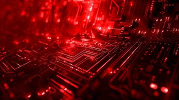 Ein technisches Muster aus roten Lichtern auf einer Leiterplatte, die futuristisch und komplex erscheint.