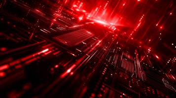 Futuristische Rot- und Schwarztöne mit leuchtenden Linien und geometrischen Mustern, die digitale Technologie symbolisieren.